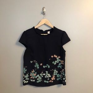 Dark Navy Blouse with Floral Accents